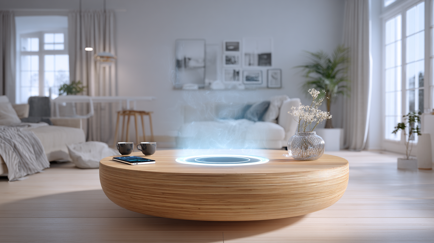 Wohnzimmer mit MagnetFloat-Couchtisch, schwebende Bambusplatte, warmes LED-Licht in der Fuge