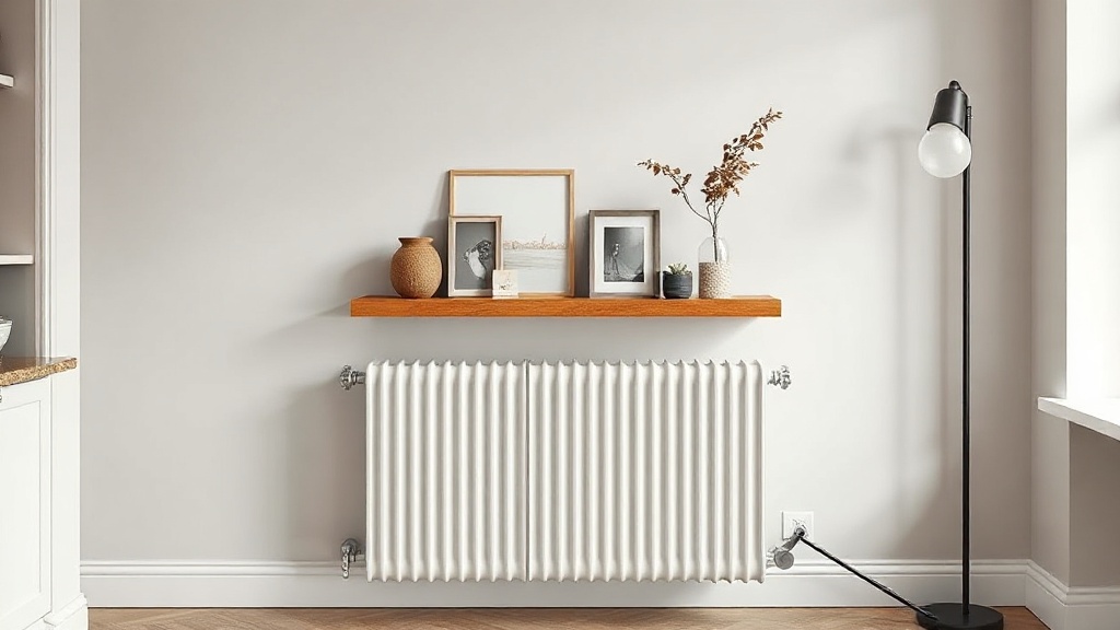 Heizkörperverkleidung aus Holz mit Ablagefläche und dekorativen Elementen im Wohnzimmer